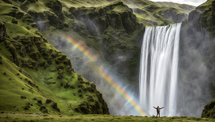 Scenic view of a hiker admiring a breathtaking waterfall in iceland. Travel and adventure concept