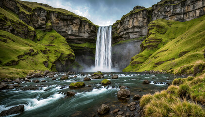 Obraz premium Beautiful Scenic view of waterfall in iceland. Travel and adventure concept