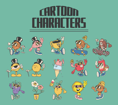 retro mascot cartoon characters, groovy cartoons, vector illustration
