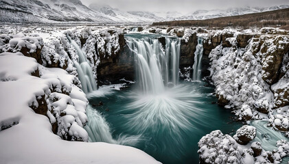 Obraz premium Scenic view of waterfall in iceland during winter. Travel and adventure concept