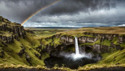 Aerial view of waterfall in iceland with a beautiful rainbow. Travel and adventure concept