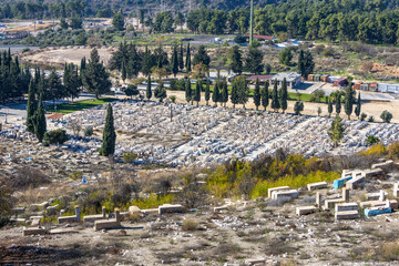 view of old jewish cemetery, the graves of the righteous are painted blue, Safed, Upper Galilee, Israel
