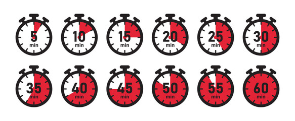 5-minute time counter concept set of clocks or stopwatches vector image in red color. Cooking time symbols and labels - Vector Icon - obrazy, fototapety, plakaty
