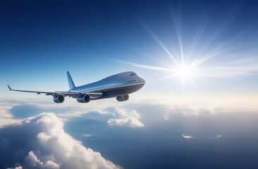 Fototapeta premium Airplane is flying over the beautiful clouds. Landscape with passenger airplane in low clouds, blue sky. aircraft. Business travel. Commercial plane. Aerial view. Place for text banner