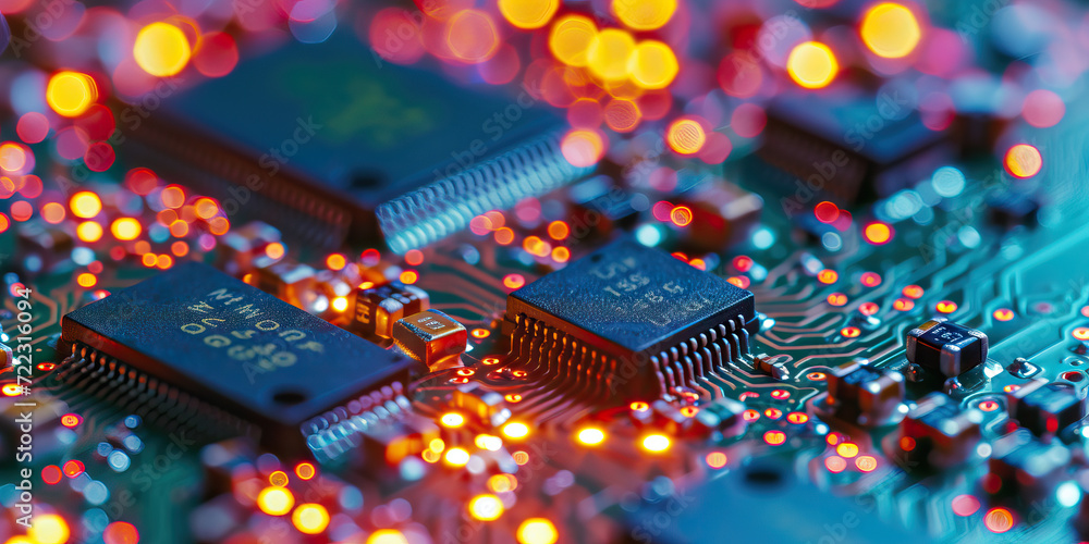 Poster modern circuit board close-up: an abstract close-up of circuit board components, showcasing a modern