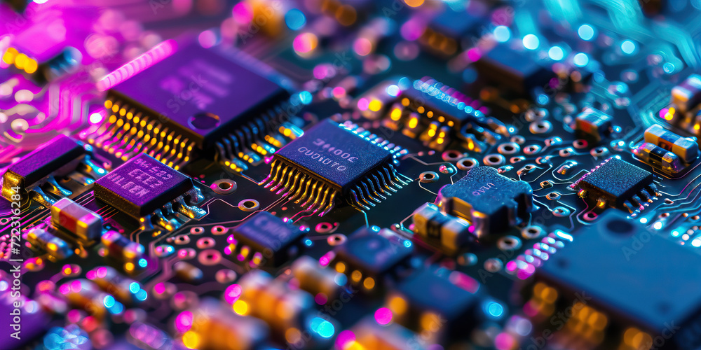 Poster modern circuit board close-up: an abstract close-up of circuit board components, showcasing a modern