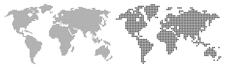 Fototapeta na wymiar World Map with pixels, two map of the world from dots - vector