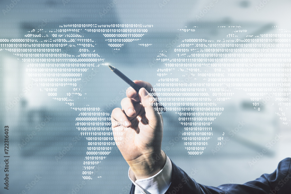 Poster double exposure of man hand with pen working with abstract digital world map hologram on blurred off