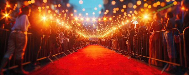 An empty red carpet, evening lights, a crowd of fans waiting for celebrities. Banner, poster, selective focus.
