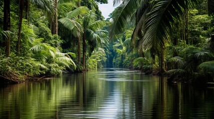 Serene amazon rainforest river landscape with lush flora and fauna - nature wallpaper design - obrazy, fototapety, plakaty