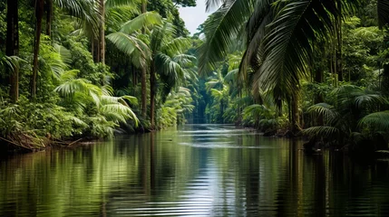 Fotobehang Serene amazon rainforest river landscape with lush flora and fauna - nature wallpaper design © Ksenia Belyaeva