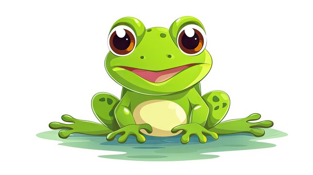 delightful image of a cute smiling green frog sitting on the ground in cartoon style, featuring a flat design and isolated on a white background.