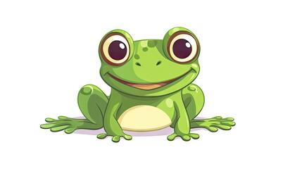 Obraz premium delightful image of a cute smiling green frog sitting on the ground in cartoon style, featuring a flat design and isolated on a white background.