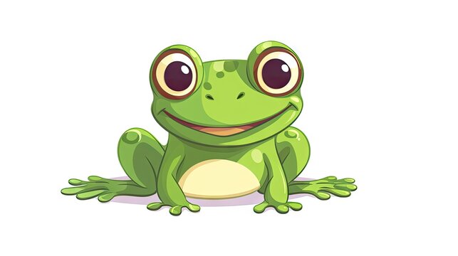 delightful image of a cute smiling green frog sitting on the ground in cartoon style, featuring a flat design and isolated on a white background.