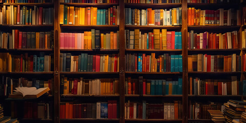 Shelves Filled with Old Books Create an Atmospheric Bookstore, Illuminated in Dim Lighting for an Ambiance of Mystery - obrazy, fototapety, plakaty