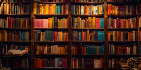 Fotobehang Shelves Filled with Old Books Create an Atmospheric Bookstore, Illuminated in Dim Lighting for an Ambiance of Mystery © Lila Patel