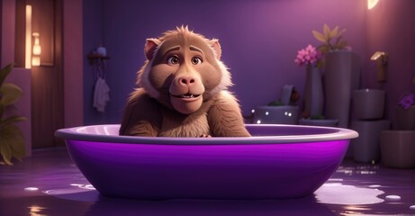 3D baboon bathing in modern tub against calming purple backdrop