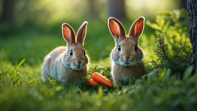Fototapeta Green grass wild berries pine tree small rabbit