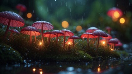 glowing mushrooms in the forest and rainy 