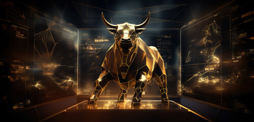 Golden bull sculpture like symbol representing financial market trends, crypto currency market