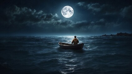 alone man on the wooden boat, moon