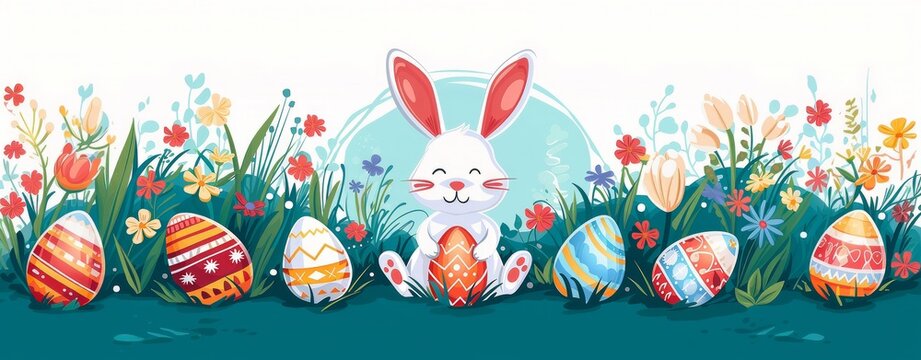 Happy Easter greeting card with cute white bunny, colourful eggs, Welcome spring season with rabbit. Animal wildlife holiday cartoon character, banner design with copy space