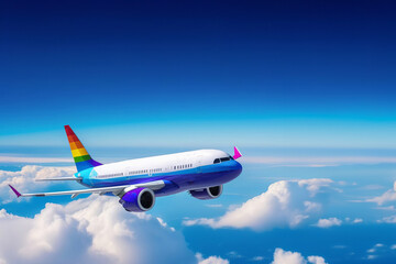 Obraz premium Airplane lgbtq colored is flying over the beautiful clouds. Landscape with passenger airplane in blue sky. aircraft. Business travel. Commercial plane. Aerial view. Place for text banner. Copy space