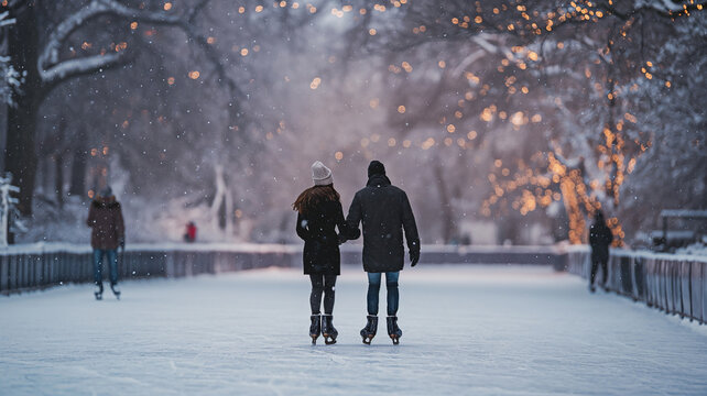 A romantic couple is ice skating outside