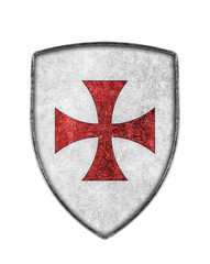 Old metal crusaders shield with cross isolated on white background