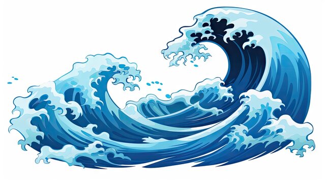 a dramatic image of a tsunami wave in cartoon style, showcasing a big blue sea wave as a cataclysm color icon.