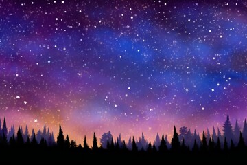 Night sky with stars and silhouette of coniferous forest