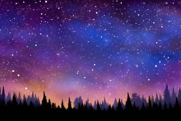 Fototapete Dunkelblau Night sky with stars and silhouette of coniferous forest