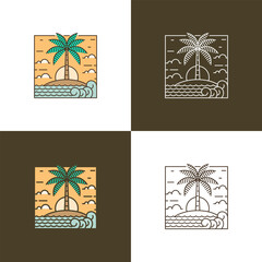 Island and wave monoline or line art style
