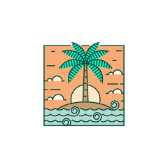 Island and wave monoline or line art style