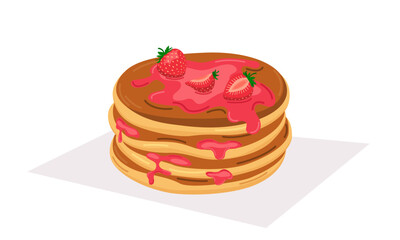 Vector illustration of a stack of pancakes with strawberry jam, syrup and strawberry pieces. Concept for breakfast, food, dessert, baking.