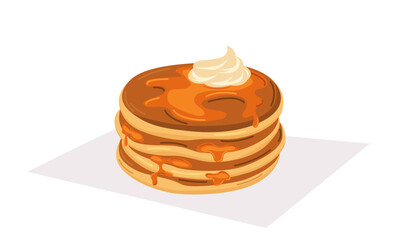 Vector illustration of a stack of pancakes with maple syrup and whipped cream. Concept for breakfast, food, dessert, baking.