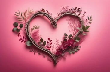 Heart made of branches and plant leaves on contrast pink background, Valentine's Day