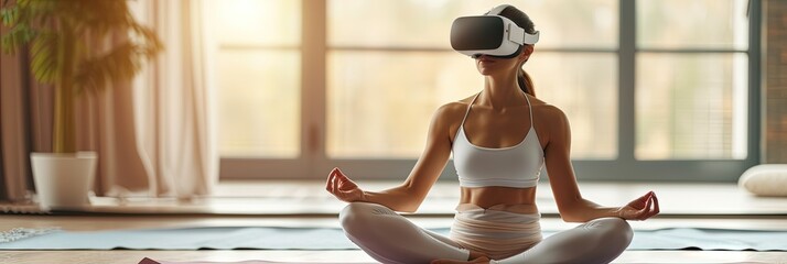 Woman meditating with virtual reality headset