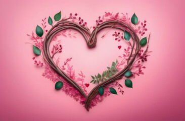 Heart made of branches and plant leaves on contrast pink background, Valentine's Day