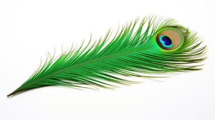 exquisite details of a long emerald-green feather from a peacock, showcasing the vibrant plumage of this beautiful wild bird.