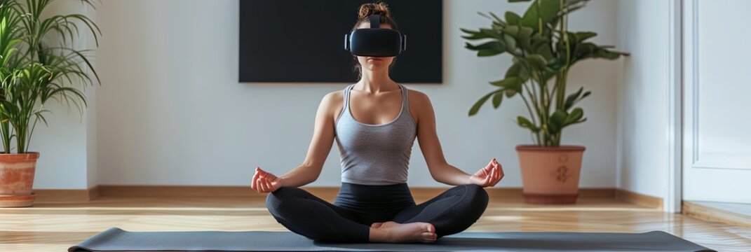 Woman meditating with virtual reality headset - Powered by Adobe