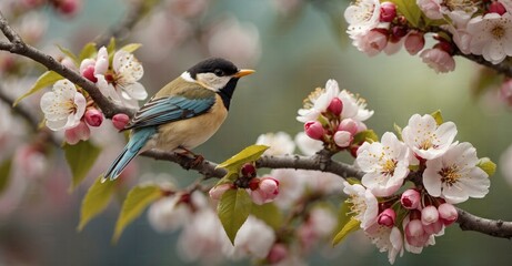 Fototapeta premium Blossom watch Tiny bird on cherry tree branch during springtime