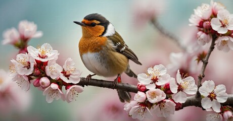 Fototapeta premium Blossom perch Tiny bird sitting on cherry tree branch in spring