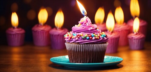 Obraz na płótnie Canvas Cupcake with birthday candle. Generative AI