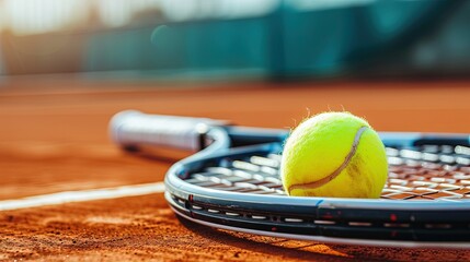 tennis ball and tennis racket on tennis court - obrazy, fototapety, plakaty