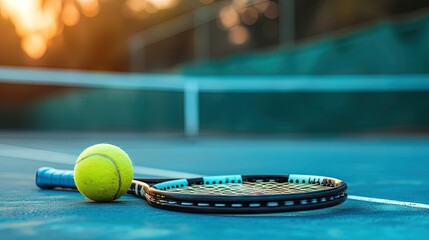 tennis ball and tennis racket on tennis court - obrazy, fototapety, plakaty