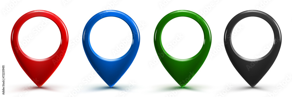 Poster pin map marker pointer 3d, set red blue green and black gps location flat symbol, domain marker loca