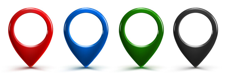 Pin map marker pointer 3d, set red blue green and black GPS location flat symbol, domain marker location – vector