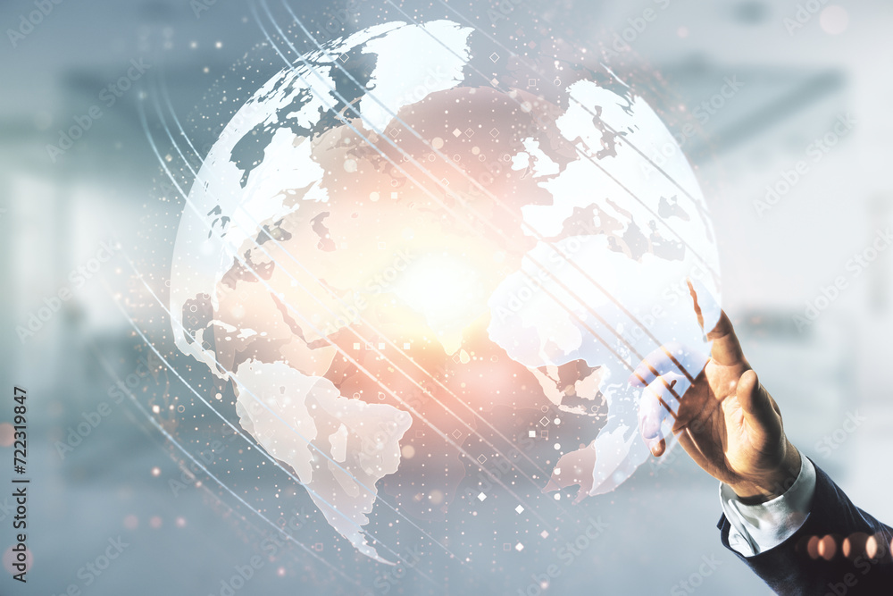 Poster man hand working with abstract creative world map interface on blurred office background, internatio