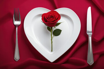 Fototapeta na wymiar Heart shaped plate with a red rose for Valentine's day